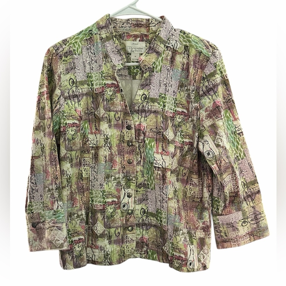 Christopher & Banks Patchwork-Print Green Button Front Jacket Woman’s Medium